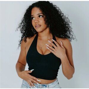 Klassy Network Halter Brami Crop Top - Black, Size XS